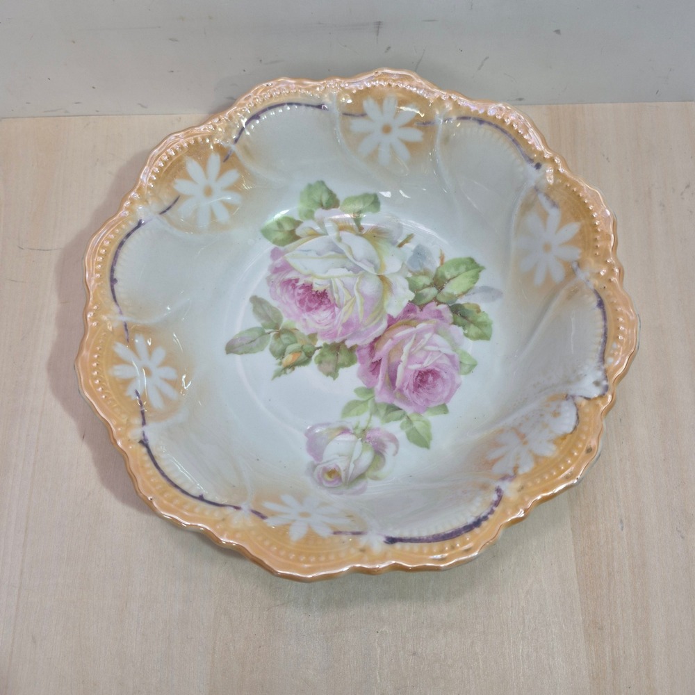 Leuchtenburg Germany Porcelain Bowl Pink Roses Iridescent Scalloped Rim 9.25"